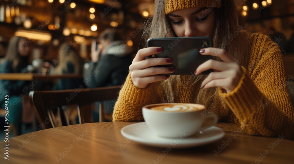 A person seated at a table, focused on their mobile device A person seated at a table, focused on their mobile device