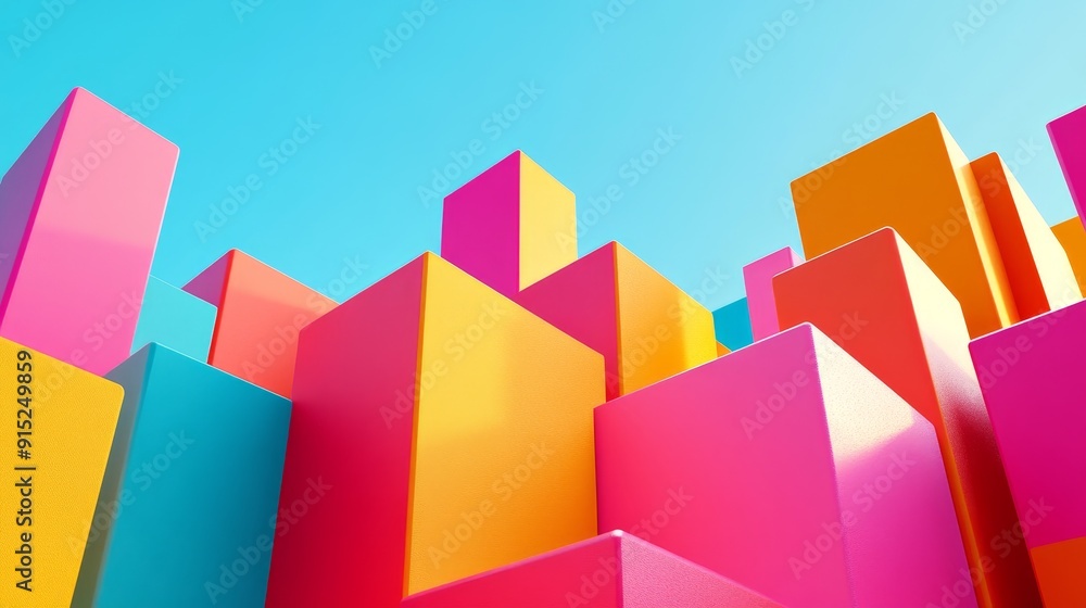 Abstract 3D colorful geometric shapes against a blue sky. Modern geometric background for design. Abstract 3D colorful geometric shapes against a blue sky. Modern geometric background for design.