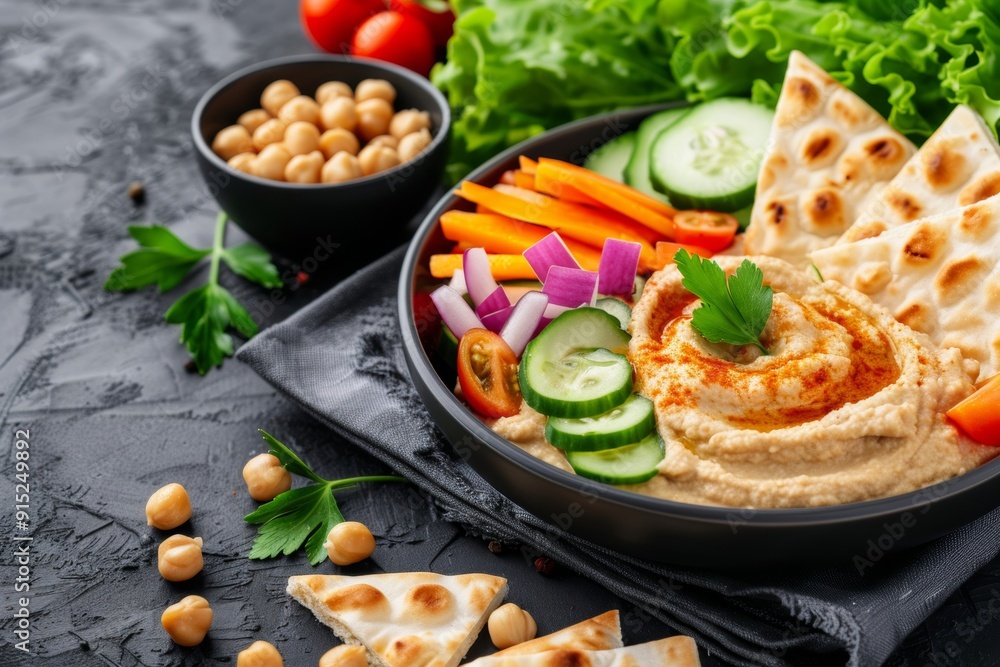 Hummus and pita platter with colorful vegetables, emphasizing antioxidants and wellness for a nutritious and appetizing meal. Hummus and pita platter with colorful vegetables, emphasizing antioxidants and wellness for a nutritious and appetizing meal.