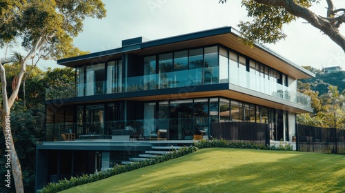 Modern house with large windows and a balcony overlooking a lush green lawn.