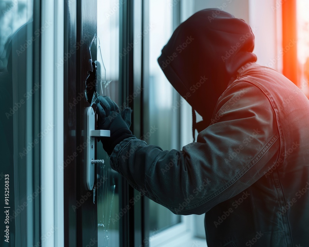 A burglar tries to break a glass window. Robber breaking into house A burglar tries to break a glass window. Robber breaking into house