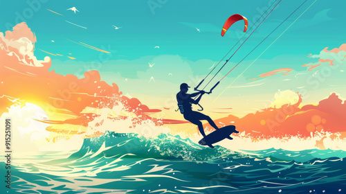 Vibrant digital artwork of a kitesurfer riding waves at sunset, featuring colorful skies and dynamic ocean scenery.