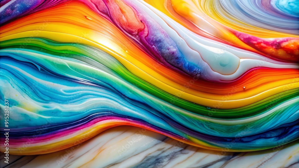 Vibrant rainbow colors swirl across the glossy surface of a polished white marble stone, creating a mesmerizing abstract pattern with stunning visual contrast. Vibrant rainbow colors swirl across the glossy surface of a polished white marble stone, creating a mesmerizing abstract pattern with stunning visual contrast.