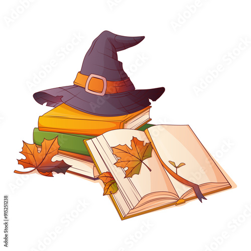 Vector fall composition. Illustration of stack of books, wizard hat, falling autumn leaves.  Bookstore, library, cozy home, warm fall concept.    