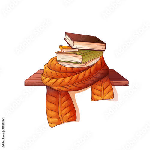 Vector illustration of stack of books in scarf.  Bookstore, library, cozy home, warm fall concept.    