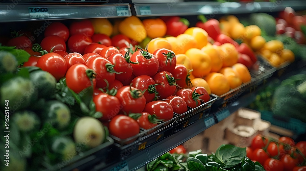 A variety of fresh produce, including tomatoes, peppers, and oranges A variety of fresh produce, including tomatoes, peppers, and oranges