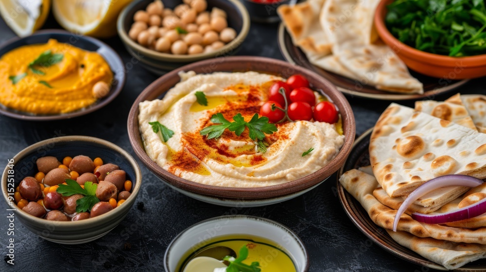 A vibrant top-view of a hummus and pita platter, showcasing fresh vegetables and emphasizing antioxidant benefits and nutritional value.