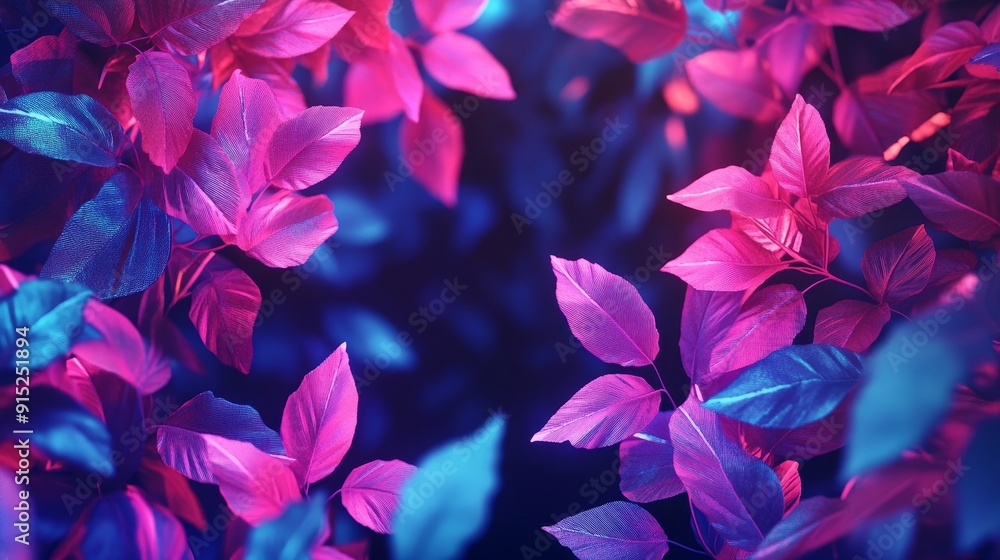 Vibrant pink and blue leaves falling against a dark background. A surreal and colorful nature abstract. Vibrant pink and blue leaves falling against a dark background. A surreal and colorful nature abstract.
