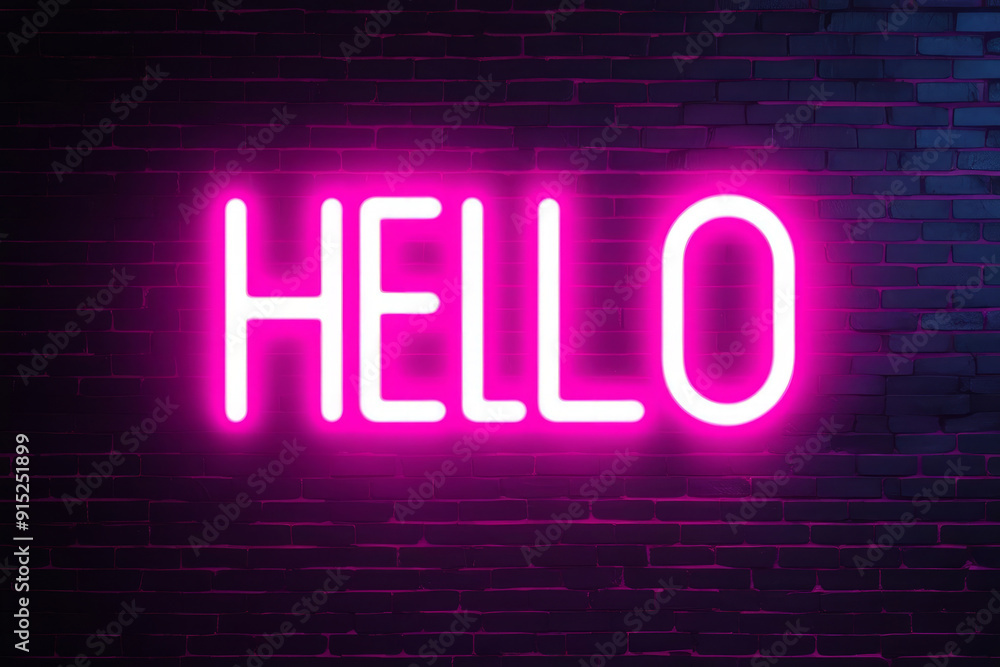 Stylish neon sign with word Hello on dark brick wall. AI Stylish neon sign with word Hello on dark brick wall. AI