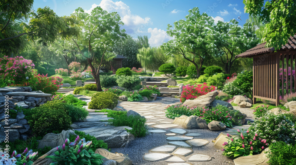 Serene Japanese Zen garden with a stone pathway, surrounded by lush greenery, blooming flowers, and traditional structures. Serene Japanese Zen garden with a stone pathway, surrounded by lush greenery, blooming flowers, and traditional structures.