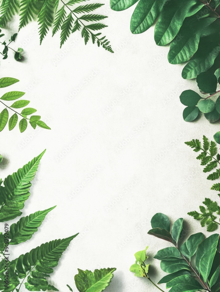 Fototapeta premium Fresh green leaves lying flat on a clean white surface, perfect for various design and photography projects