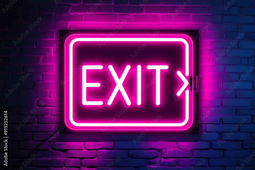 Stylish neon sign with word Exit on dark brick wall. AI Stylish neon sign with word Exit on dark brick wall. AI
