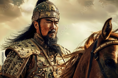 A fierce Hun warrior adorned in ornate armor rides a powerful horse, surveying a dramatic sky filled with turbulent clouds.