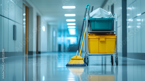 Photo of cleaning cart with tools and buckets standing near restroom door Cleaning trolley in a hospital Cleaning equipment, Generative AI