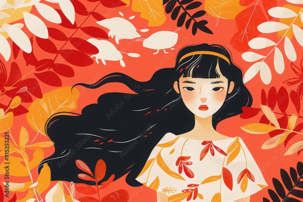 A young girl stands gracefully amid swirling autumn leaves, her long hair flowing as she gazes thoughtfully into the distance. A young girl stands gracefully amid swirling autumn leaves, her long hair flowing as she gazes thoughtfully into the distance.