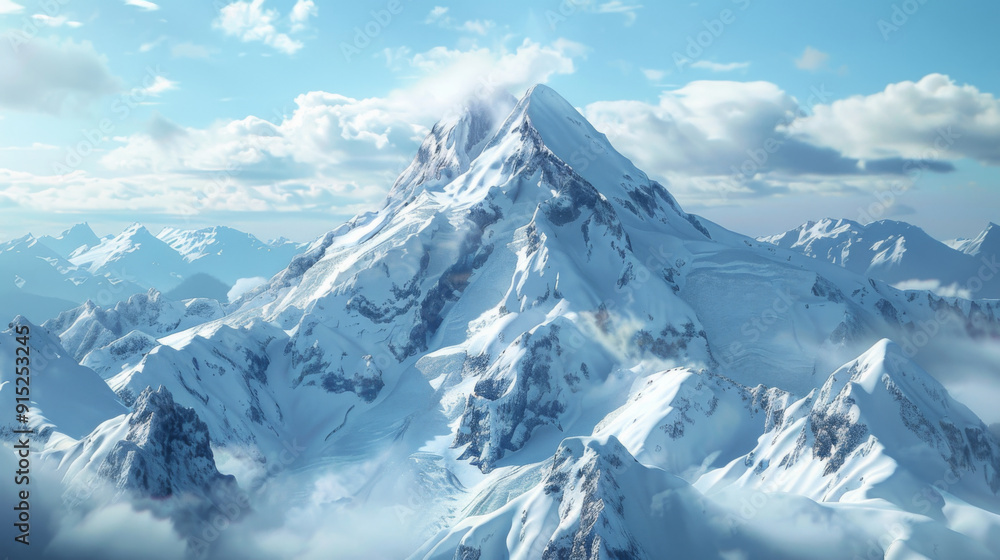 Obraz premium A stunning snowy mountain peak against a clear blue sky, surrounded by clouds, creating a breathtaking and serene alpine scene.