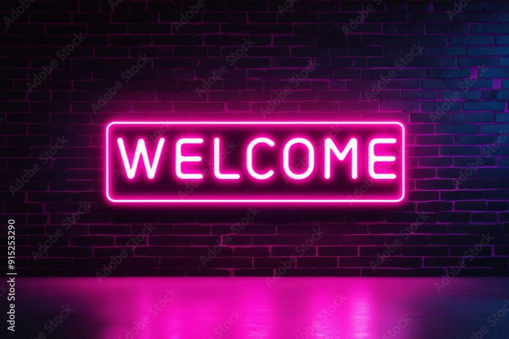 Stylish neon sign with word Welcome on dark brick wall. AI Stylish neon sign with word Welcome on dark brick wall. AI