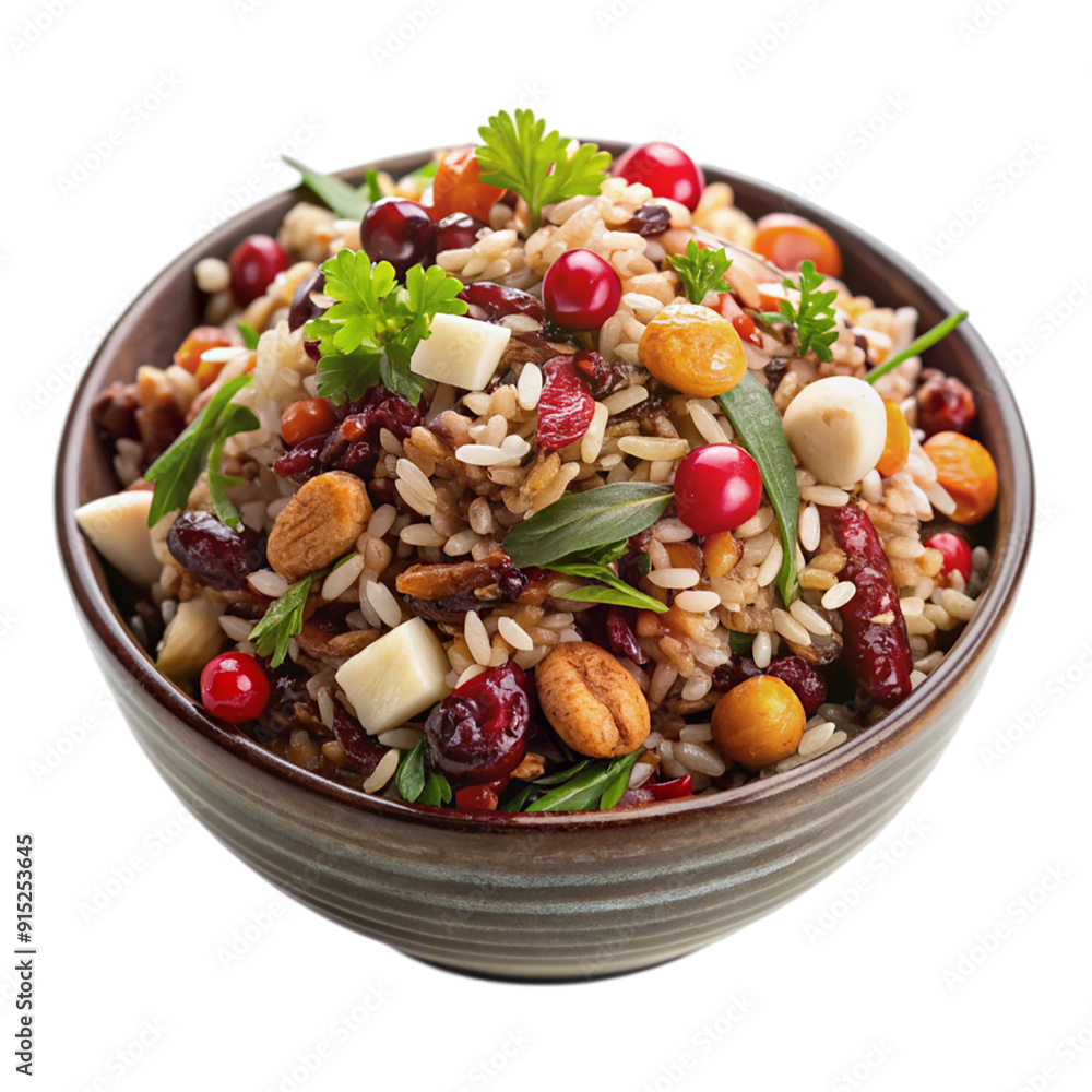 Wild rice salad with cranberries and nuts isolated on transparent background. Wild rice salad with cranberries and nuts isolated on transparent background.