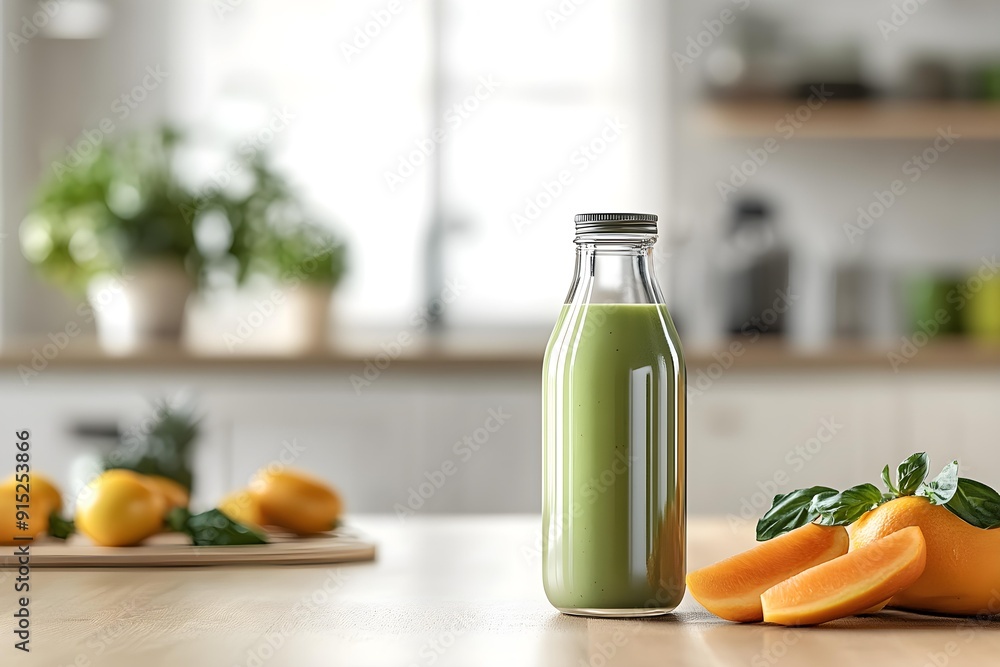 A bottle of fresh smoothie and fresh fruit on the table on a blurred background of a light kitchen. free space for text and bottle mockup for drink presentation