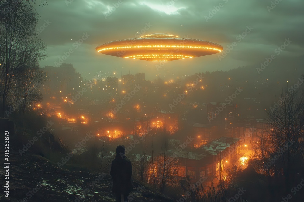eerie nighttime scene of a ufo abduction with a glowing alien spacecraft hovering over a rural landscape dramatic lighting and mysterious atmosphere creating a sense of otherworldly encounter eerie nighttime scene of a ufo abduction with a glowing alien spacecraft hovering over a rural landscape dramatic lighting and mysterious atmosphere creating a sense of otherworldly encounter