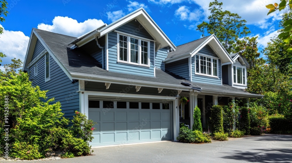 A gray house with a garage door, white trim, and windows against a blue sky with white clouds. A gray house with a garage door, white trim, and windows against a blue sky with white clouds.