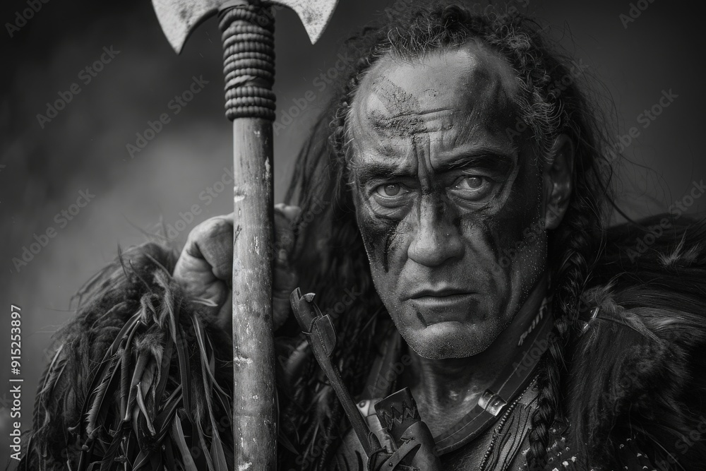Obraz premium A powerful Maori warrior exudes intensity, gripping a traditional axe, embodying cultural pride and strength in an impressive portrait.