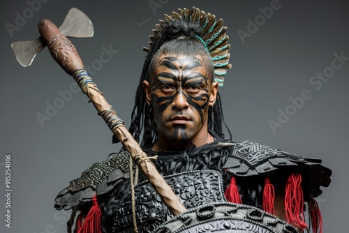 A proud Maori warrior displays intricate tattoos and detailed armor, holding a traditional axe, embodying the spirit of ancestral warriors. photo