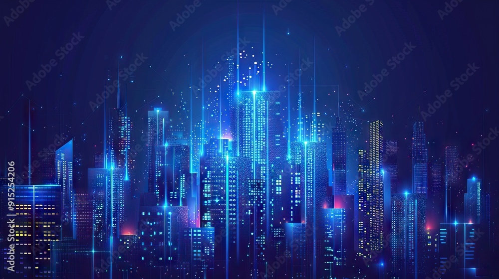 Abstract City Skyline Glowing with Digital Lights. AI generated illustration. Abstract City Skyline Glowing with Digital Lights. AI generated illustration.