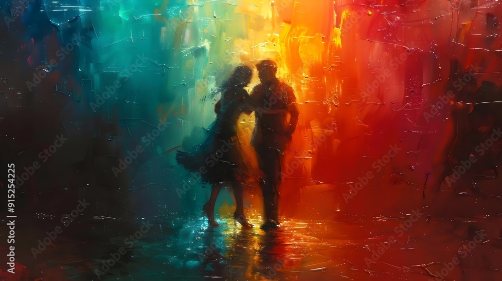 A painting of a couple in a red and blue room A painting of a couple in a red and blue room