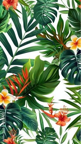 A vibrant arrangement of tropical leaves and colorful flowers creates a rich natural atmosphere