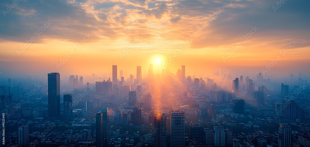 Fototapeta premium A breathtaking view of a modern city skyline bathed in the golden hues of the rising sun. Tall skyscrapers emerge through the morning haze, creating a surreal