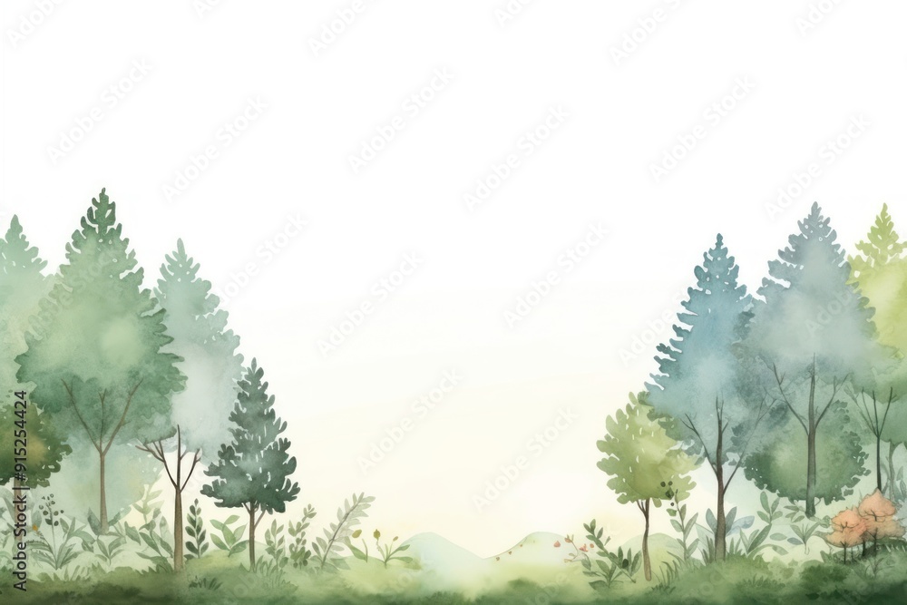 Fototapeta premium Watercolor forest border vegetation rainforest landscape.