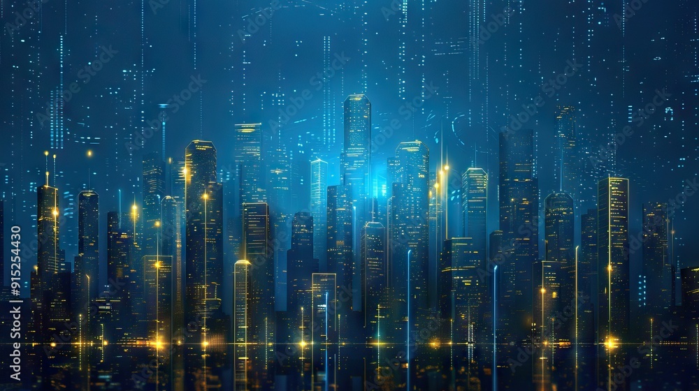 Fototapeta premium Futuristic Digital Cityscape with Illuminated Skyscrapers. AI generated illustration
