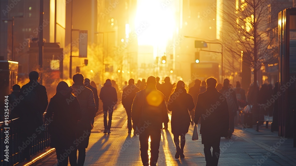 Individuals stride along an early morning urban street, backlit by a brilliant sunrise. The golden glow outlines silhouettes, adding warmth and urgency Individuals stride along an early morning urban street, backlit by a brilliant sunrise. The golden glow outlines silhouettes, adding warmth and urgency