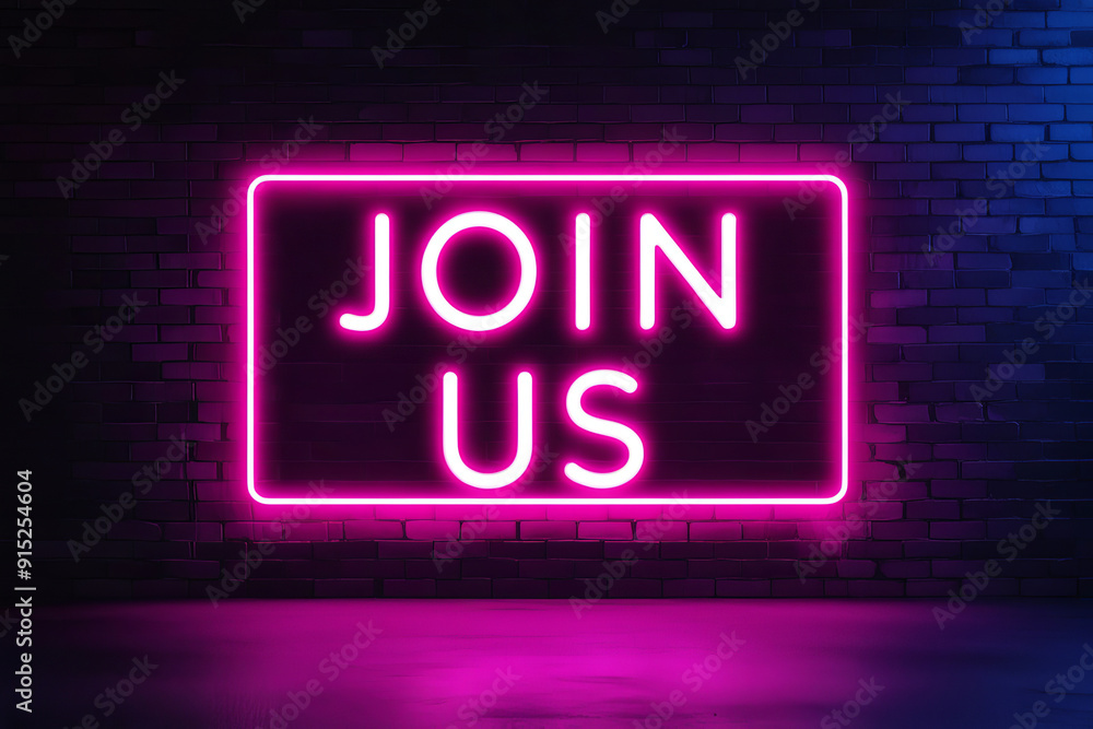 Stylish neon sign with word Join us on dark brick wall. AI Stylish neon sign with word Join us on dark brick wall. AI