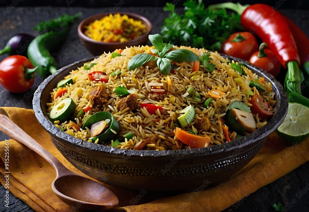 Veg biryani or veg pulav served in a bowl on background Veg biryani or veg pulav served in a bowl on background