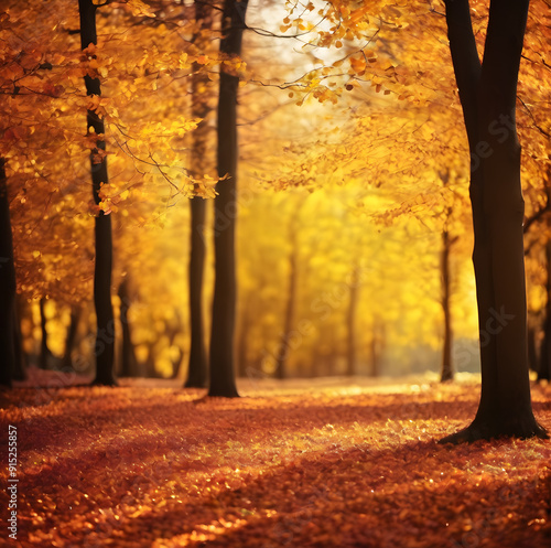 autumn leaves in the park on trees and ground. Blurred background