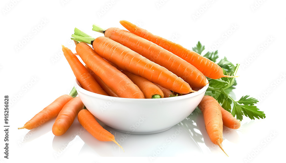 Baby carrots in bowl and green leaf isolated on white Baby carrots in bowl and green leaf isolated on white