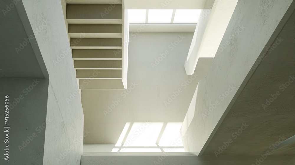 A view of a white staircase from below. Light shines through a window above. A view of a white staircase from below. Light shines through a window above.