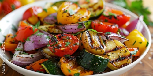 Oregano-flavored grilled veggies with olive oil, featuring a vibrant presentation in a Mediterranean style.