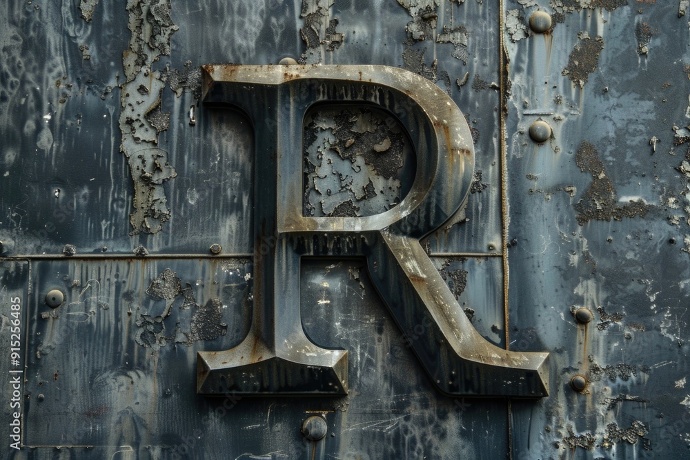 A close-up shot of a rusty metal wall with the letter R marked on it A close-up shot of a rusty metal wall with the letter R marked on it