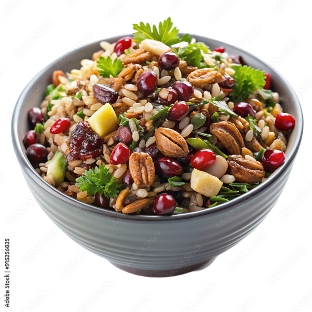 Wild rice salad with cranberries and nuts isolated on transparent background. Wild rice salad with cranberries and nuts isolated on transparent background.