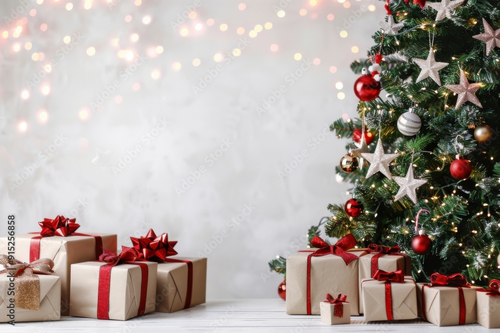 Christmas background with gift boxes and stars near a beautifully decorated Christmas tree, white wall with fairy lights, and ample copyspace Christmas background with gift boxes and stars near a beautifully decorated Christmas tree, white wall with fairy lights, and ample copyspace