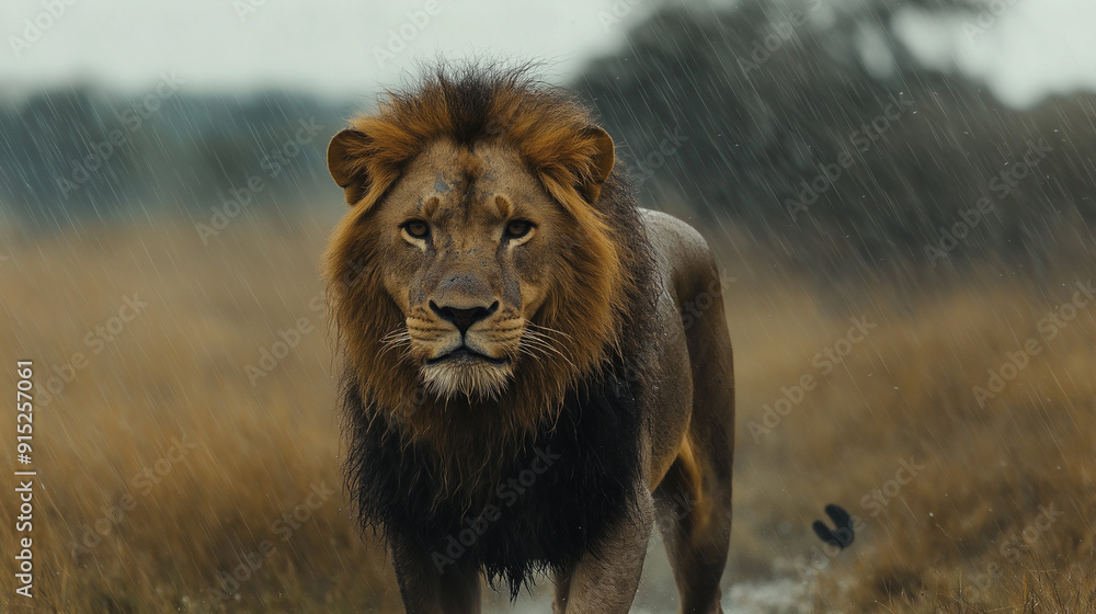 Obraz premium A lion a wet walking through the savannah in the rain, emphasizing the raw and rugged beauty of nature