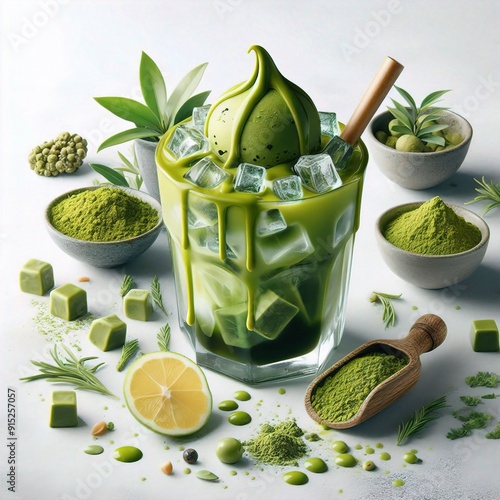 matcha with oatmilk isolate on the white background photo