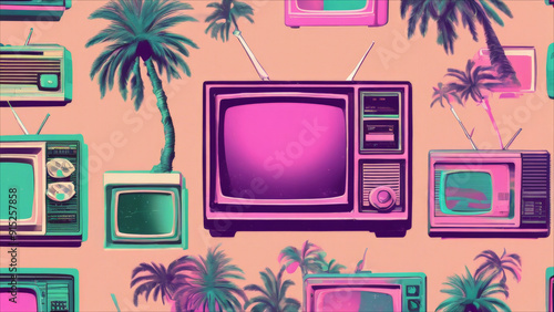 Vaporwave-style wallpaper design featuring vintage TV sets, radios, and palm tree elements.