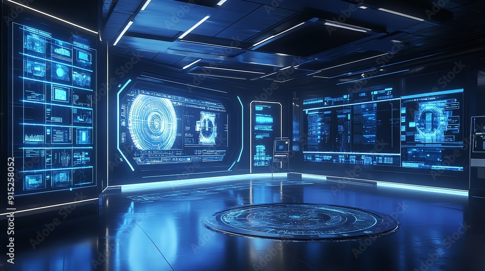 Futuristic Control Room with Blue Glowing Screens and Circular Platform Futuristic Control Room with Blue Glowing Screens and Circular Platform