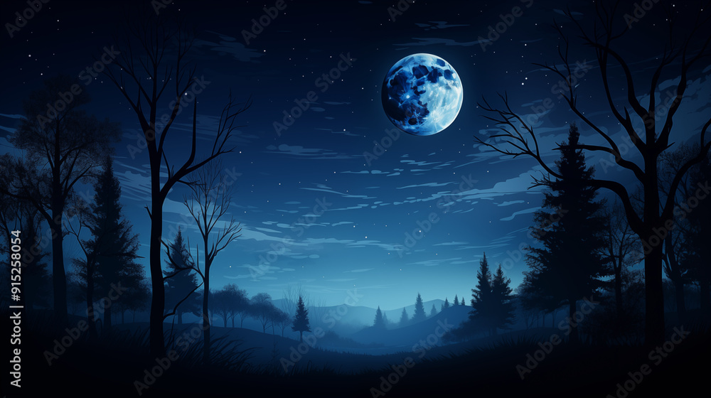 Fototapeta premium Wide Open Forest Clearing Under a Full Moon with Rolling Hills in the Background