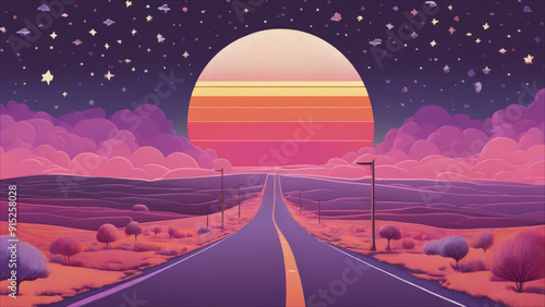 A long, straight road cuts through a colorful, retro-style landscape, leading toward a crescent moon in a starry night sky.