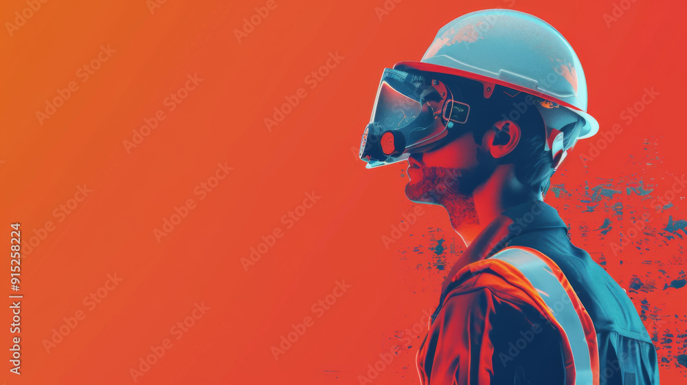 Obraz premium Side profile of a construction worker in safety gear, including helmet and visor, against a vivid red background.